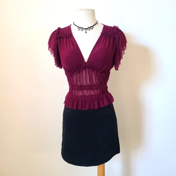 💜2 for 25$ Purple/Maroon Sheer Crop Top Blouse With Ruffles NWT,  Boho, Bold - Picture 3 of 7